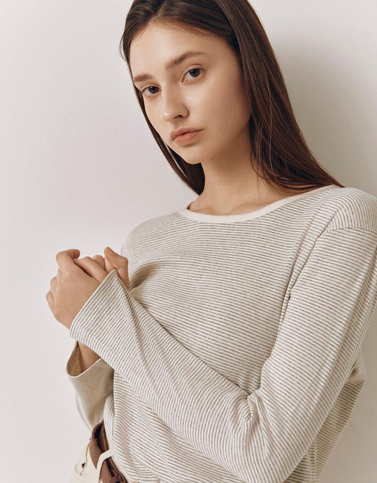 [프리미엄] 스트라이프 라운드넥 긴팔 티셔츠