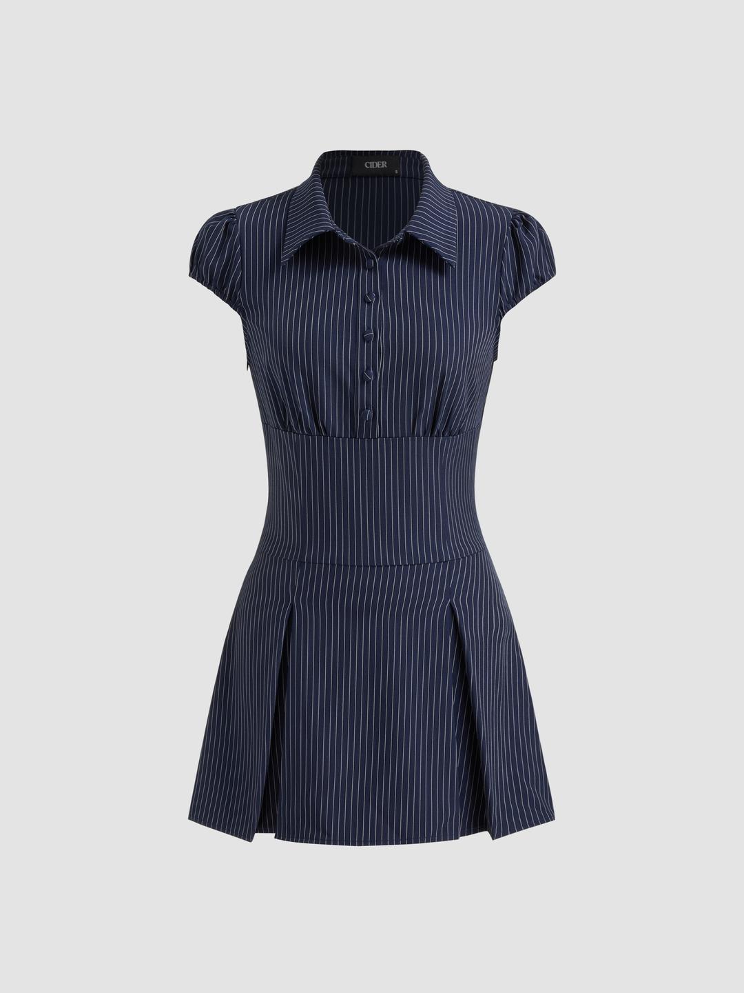 Collar Stripes Pleated Shirt Mini Dress
