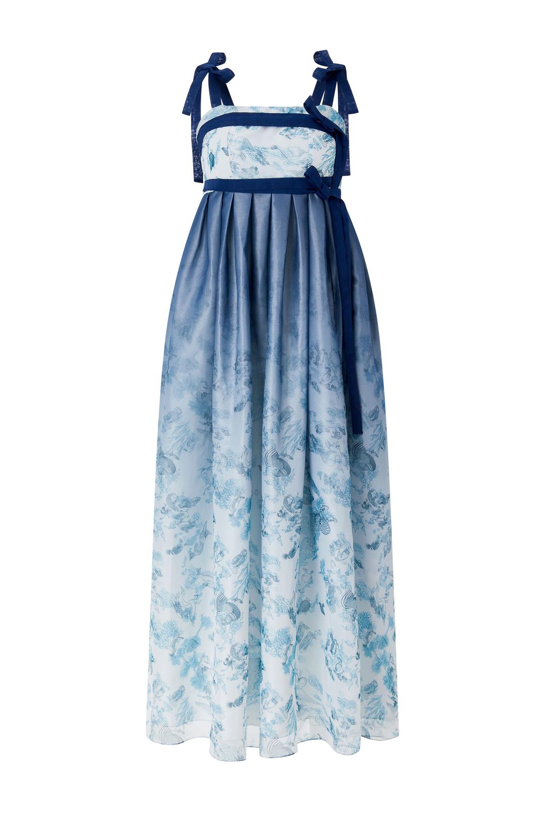 네이비 화조도 그라데이션 드레스