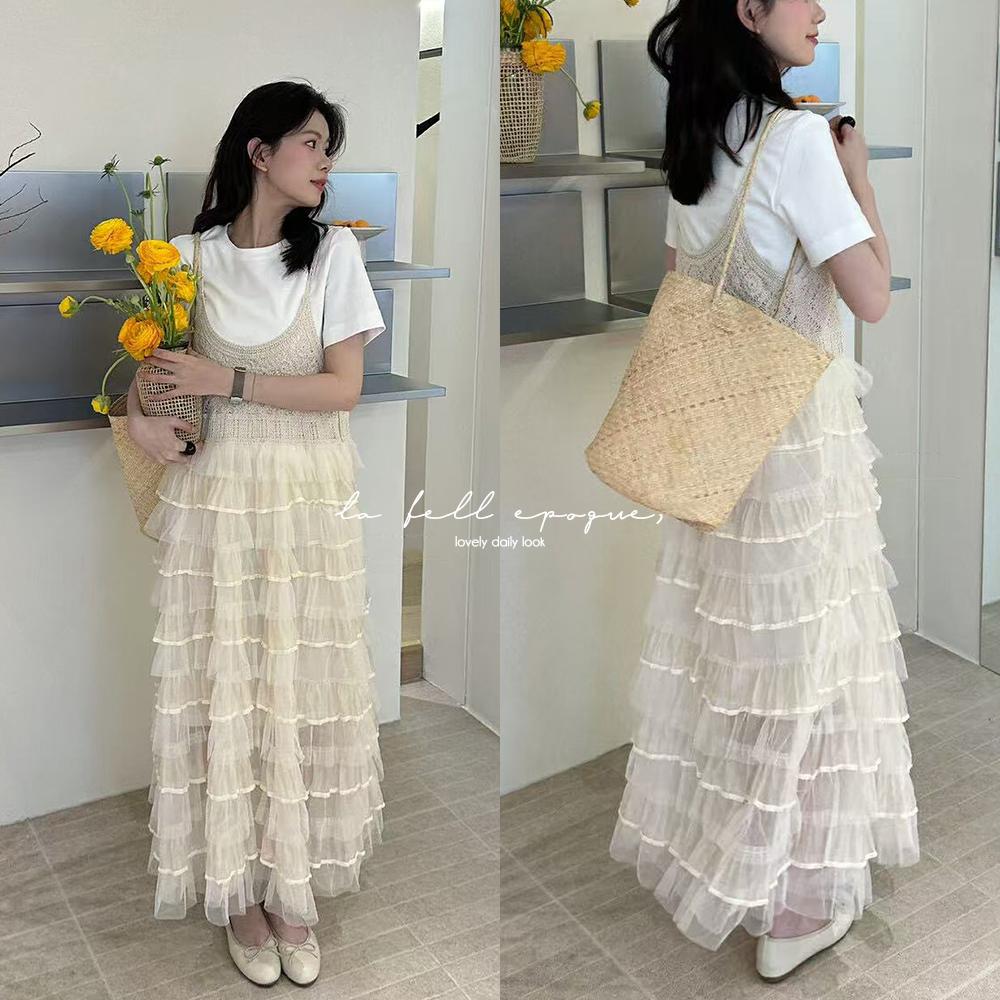 티아 봄 여름 플라워 펀칭 레이스 쉬폰 캉캉 뷔스티에 원피스