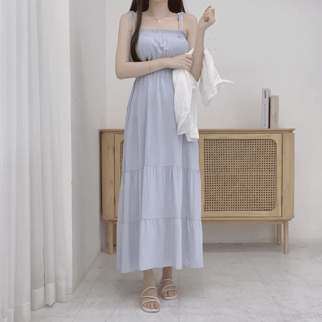 비치 끈나시 캉캉 셔링 어깨리본 스퀘어 밴딩 롱 원피스