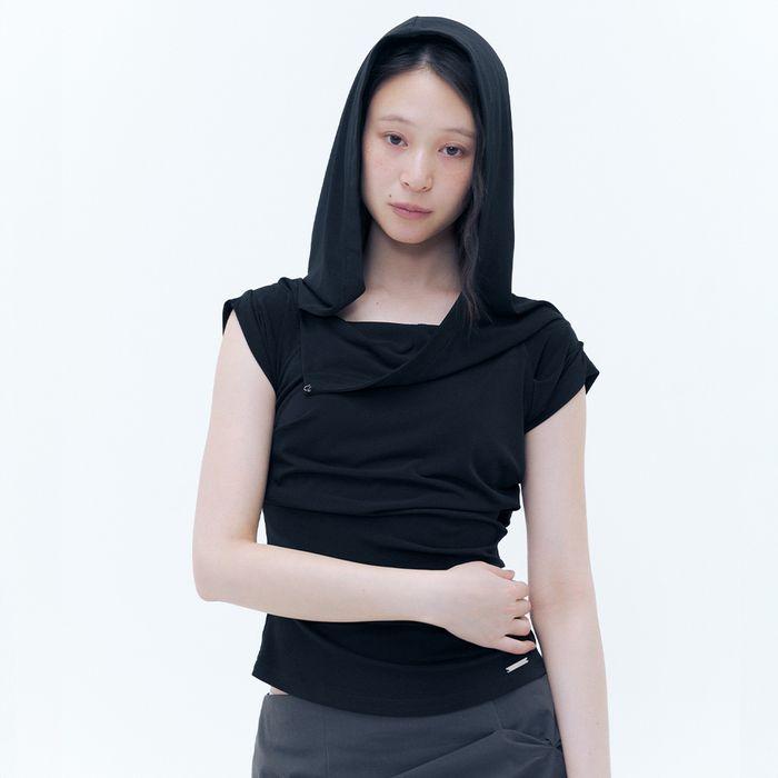 Draped mod hoodie top BLACK
