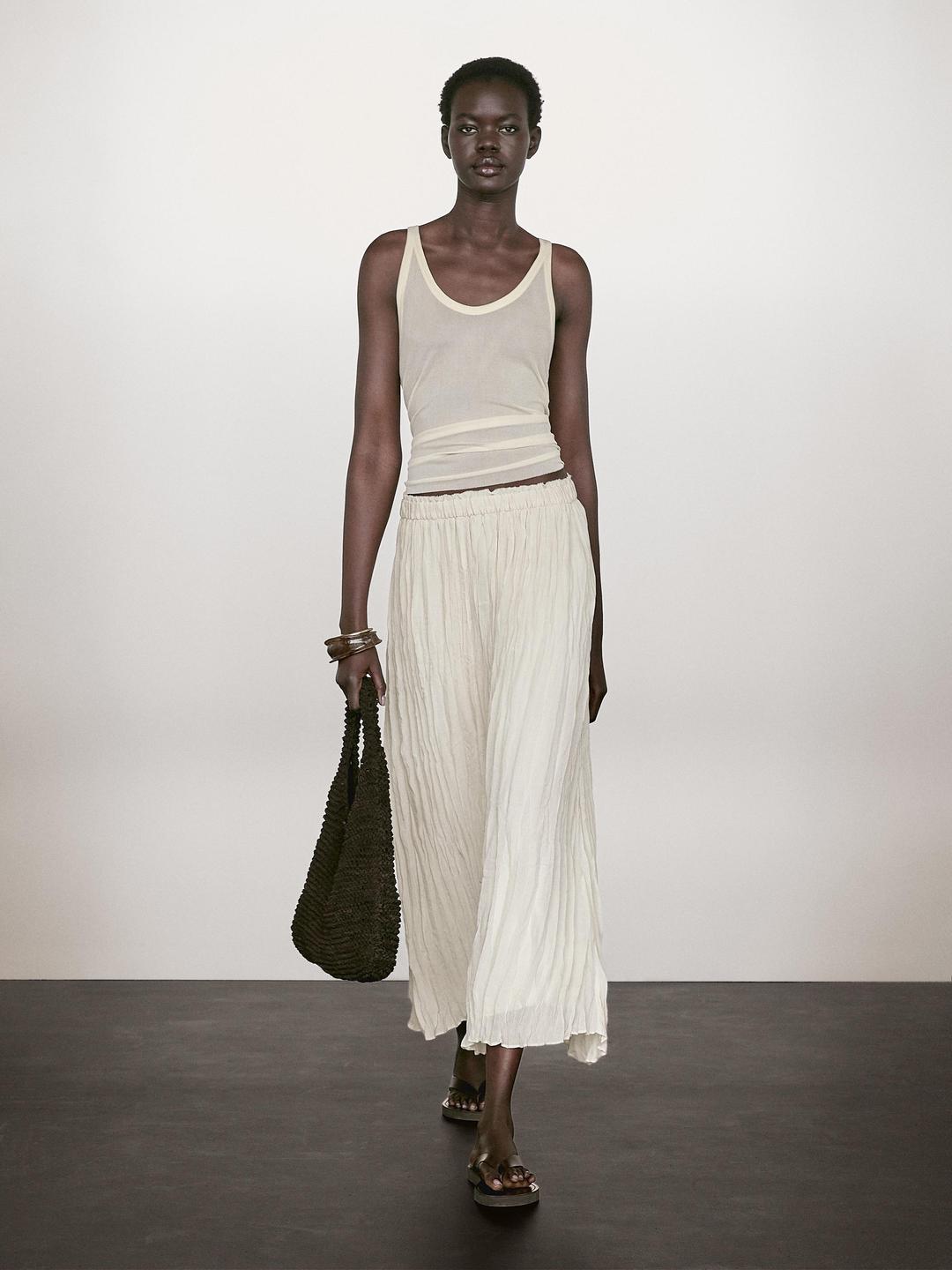 플레어 플리츠 미디 스커트