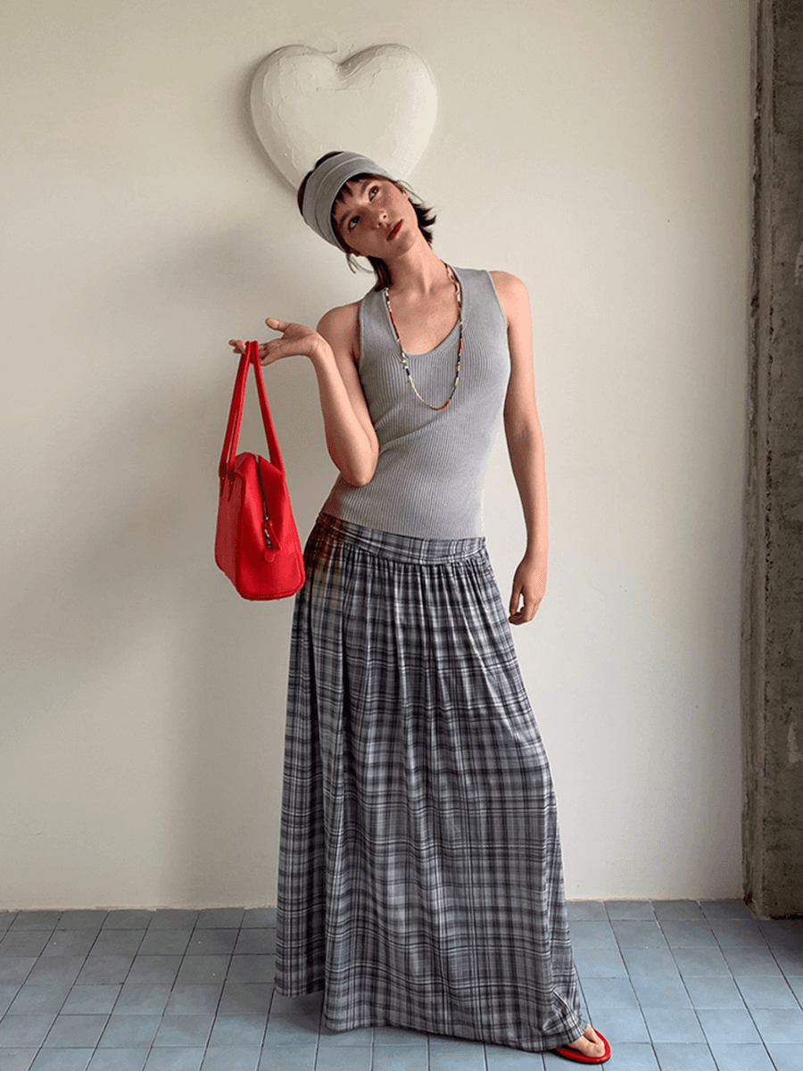 체크 셔링 맥시 스커트