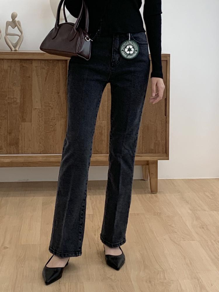 리버 리사이클 흑청 세미 롱 부츠컷 하이웨스트 속 밴딩 레직기 주름 청바지