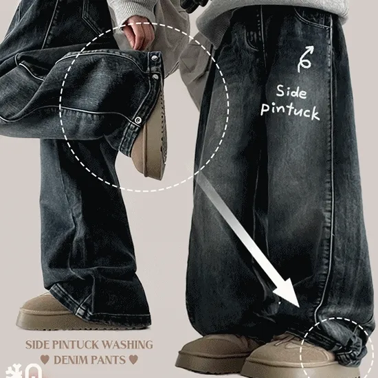 (발열원단🔥기모안감💨)모먼사이드핀턱워싱절개와이드데님팬츠 (6color) 밑단스냅으로 2가지핏!💕