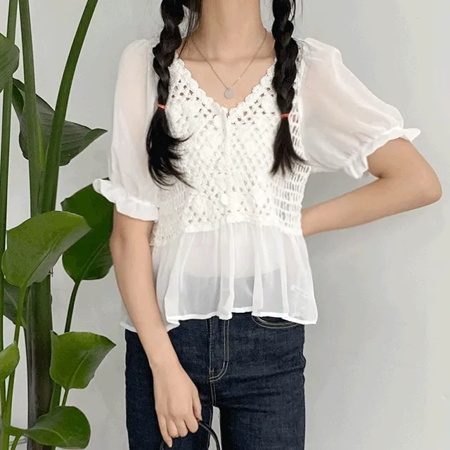 [여리핏/착한가격]은은하게 시스루 뜨게 자수 반팔 블라우스