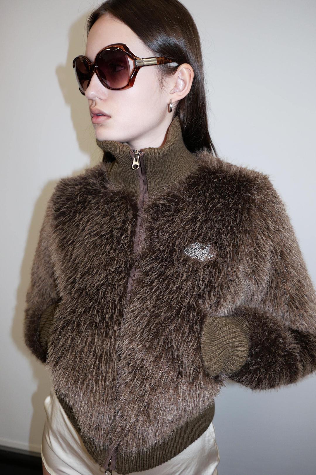 Faux Fur Zip-Up Jacket Brown