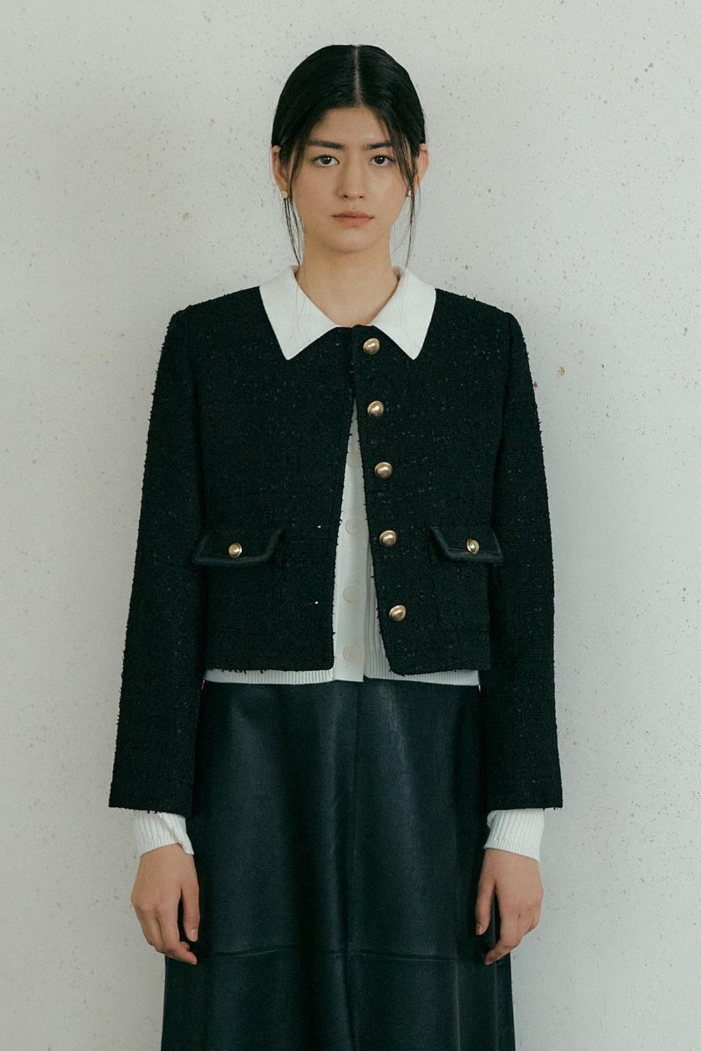 LEATHER POCKET TWEED JACKET - Black