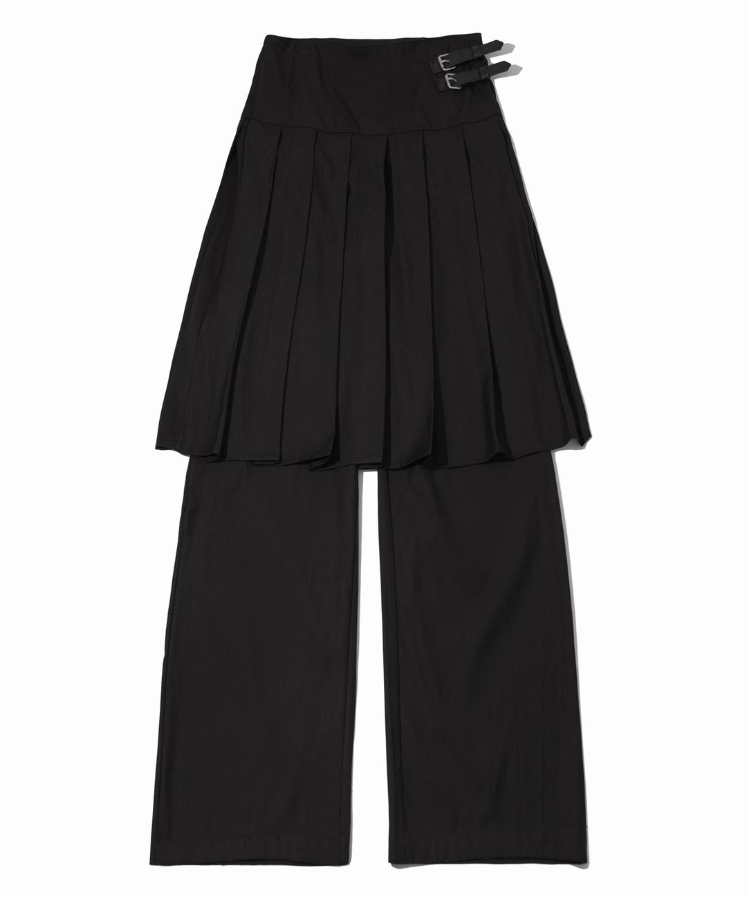 Two Buckle Pleated Midi Skirt Layered Wide Pants _2COLOR