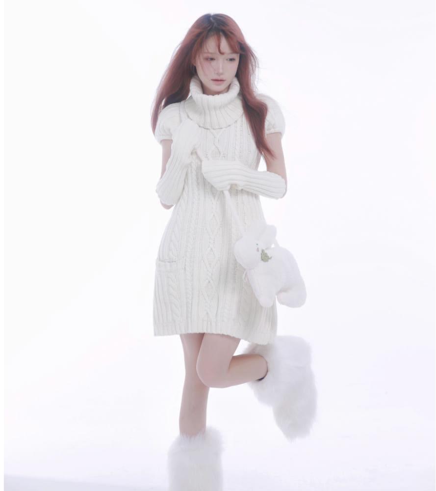 ROSEISLAND 터틀넥 반팔 니트 원피스 +핸드워머,탈부착칼라2개