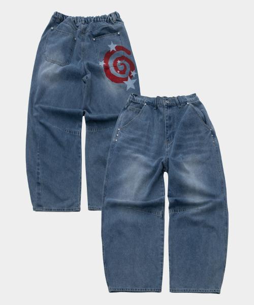 스팽글 스타 그래픽 내추럴 워시드 벌룬 와이드핏 데님 팬츠 [연청]