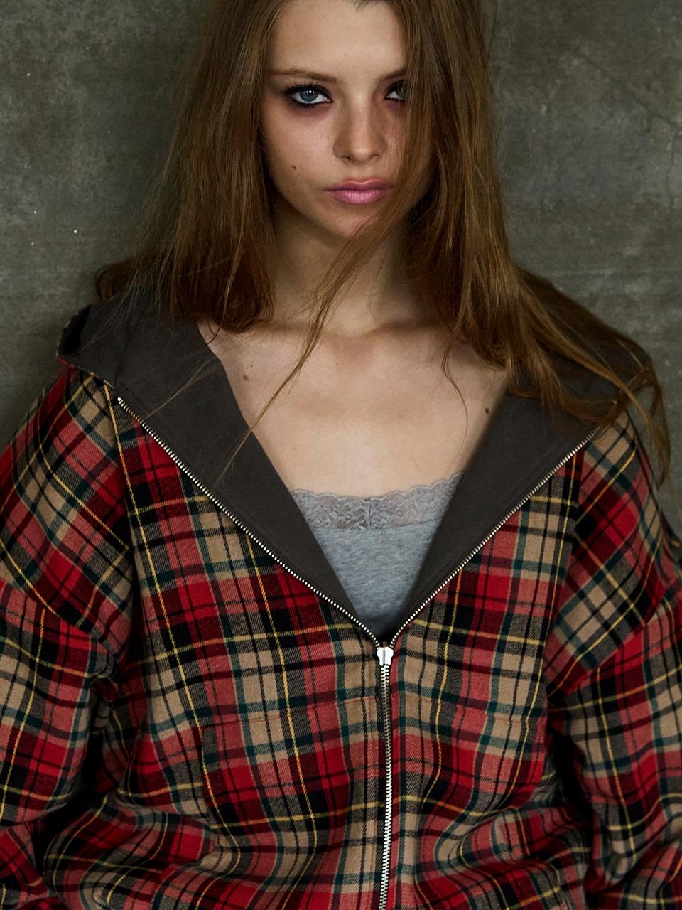 CHECK HOODIE ZIP UP CINNAMON