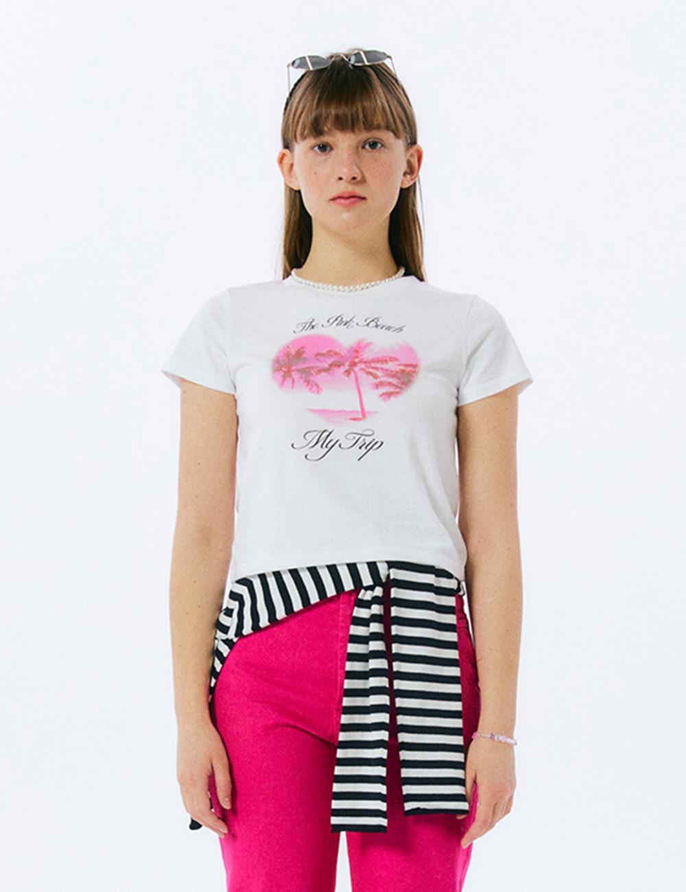 PINK BEACH HEART CROP T-SHIRT (WHITE)
