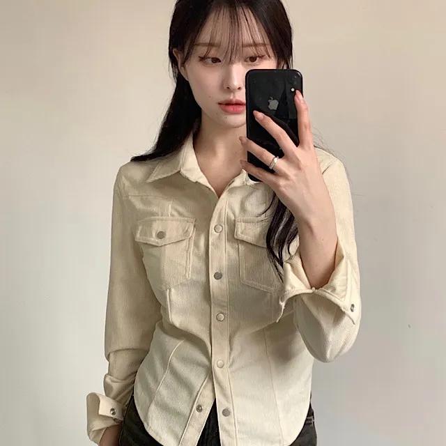 (주문폭주!)코듀로이 슬림 세미 크롭 버튼 셔츠