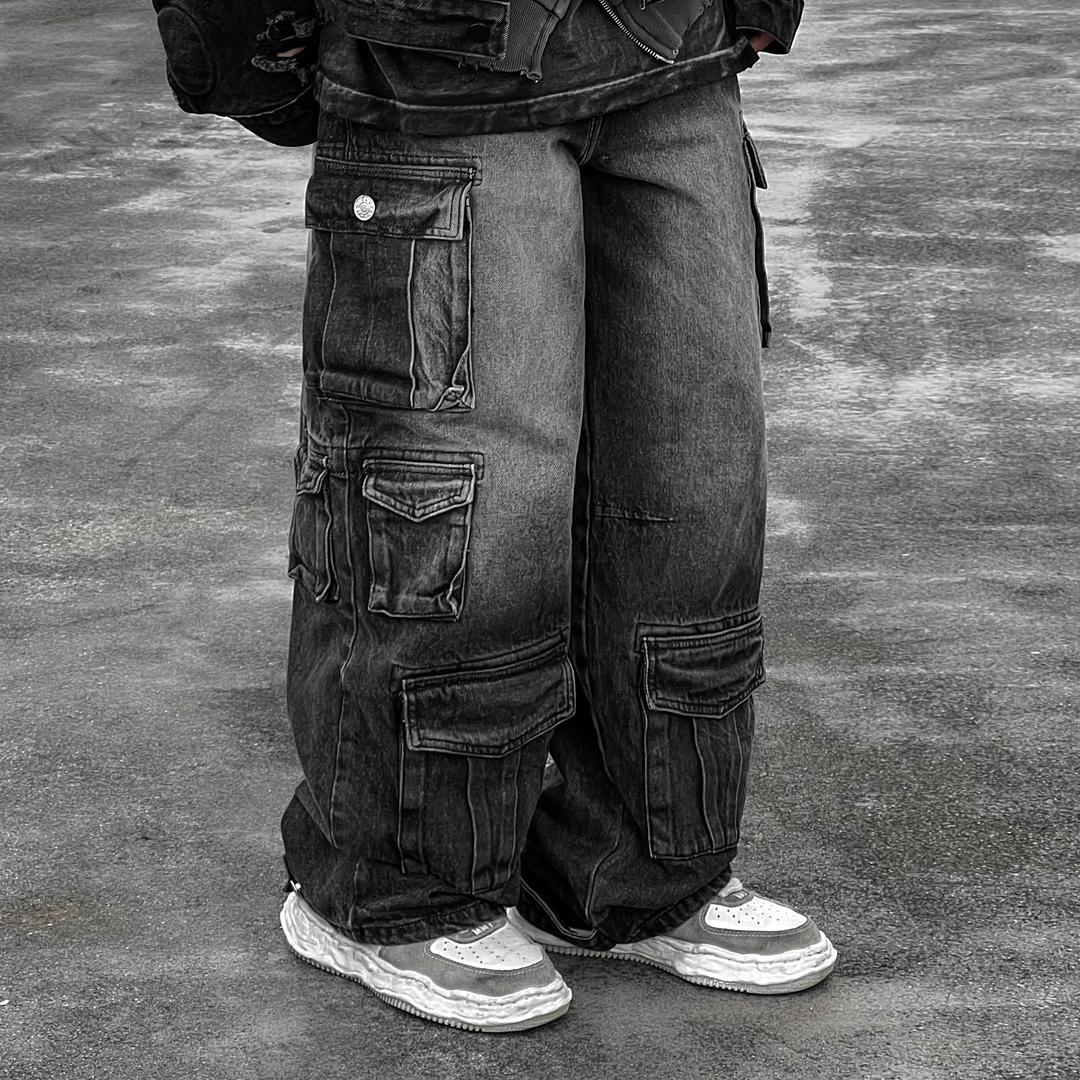 유틸 멀티 카고 와이드 데님팬츠 2C 남자 여자 흑청 중청 빈티지 스트릿 y2k 청바지