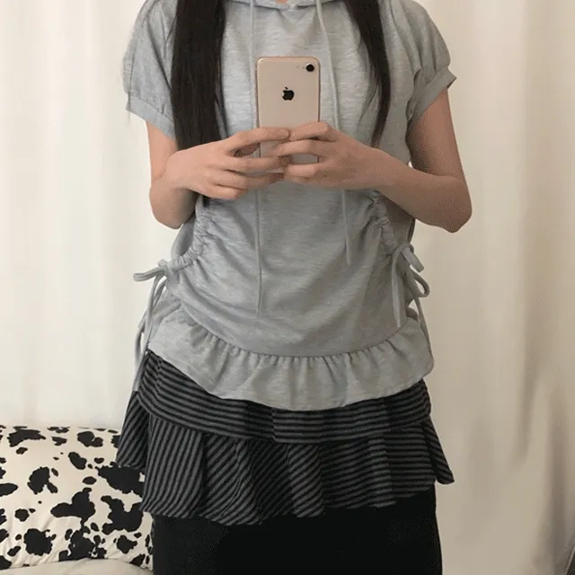 리본프릴 캉캉 반팔 레이어드 후드티