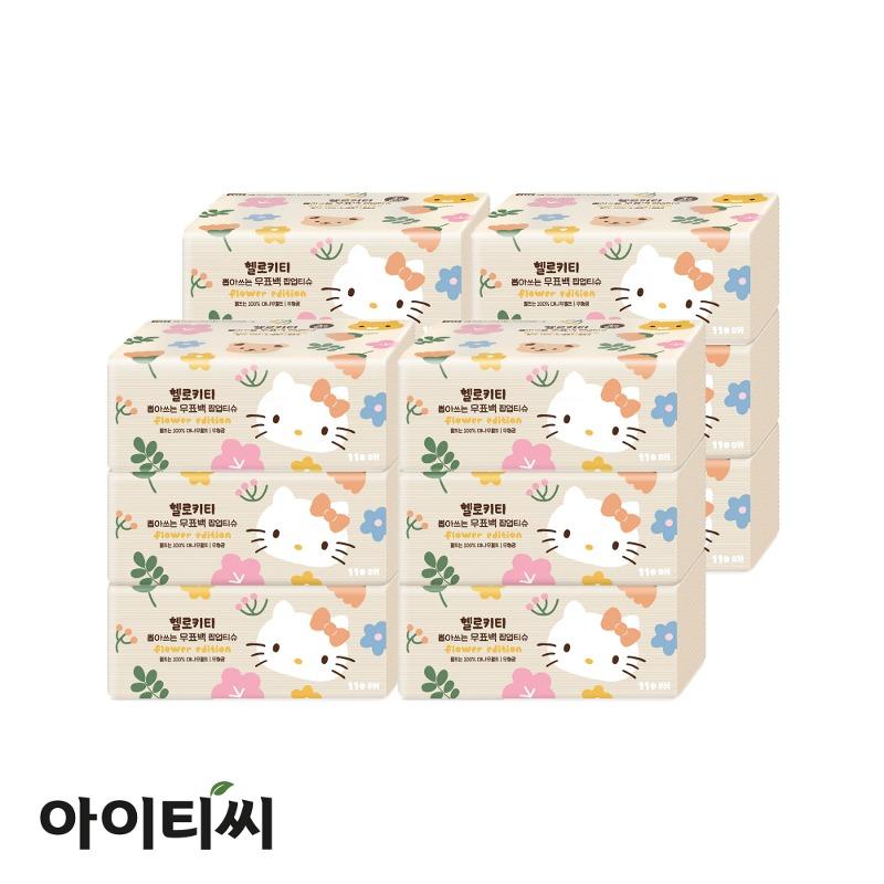 [11111] 헬로키티 3겹 뽑아쓰는 무표백 대나무 팝업티슈(110매) 3입X4팩(12개입)