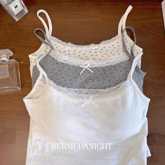 버뮤다나잇 [🤍당일/5color/캡내장] 감성 레이스 리본 플라워 화이트 그레이 패드내장 민소매 나시 5 color