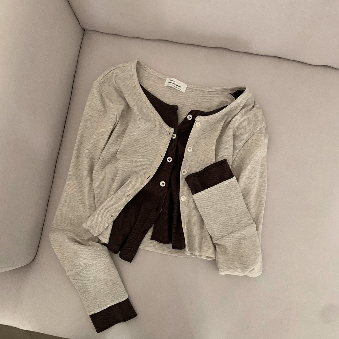 크림치즈마켓 [1만장돌파🎉/일체형] 자체제작 #크치Made 레이어드 골지 가디건, 니트 긴팔티 - t