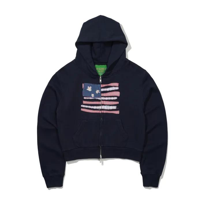 (W) USA FLAG APPLIQUE ZIP HOODIE - NAVY