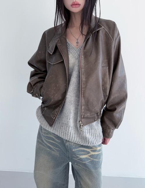 vintage washing leather bomber jacket