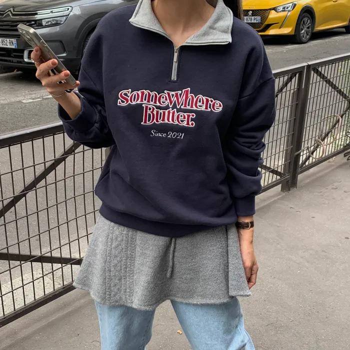 Wave Logo Half Zip-Up Sweatshirt - Navy