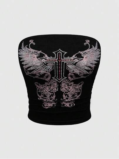 ROMWE Grunge Punk Embellished Wing Strapless Women Fashion Blouse