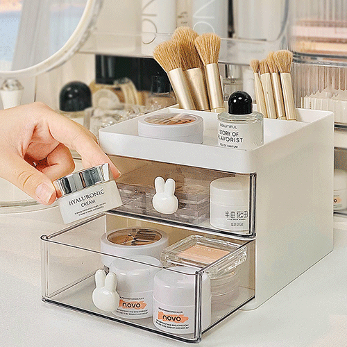 (당일출고/특가)토끼2단 다용도 수납함 화장품 정리함 보관함 화장대 정리 물건 문구 필기구 책상정리 브러쉬 보관 소품 연필꽂이 립스틱 메이크업 보관 서랍장 책상 학생 방꾸미기
