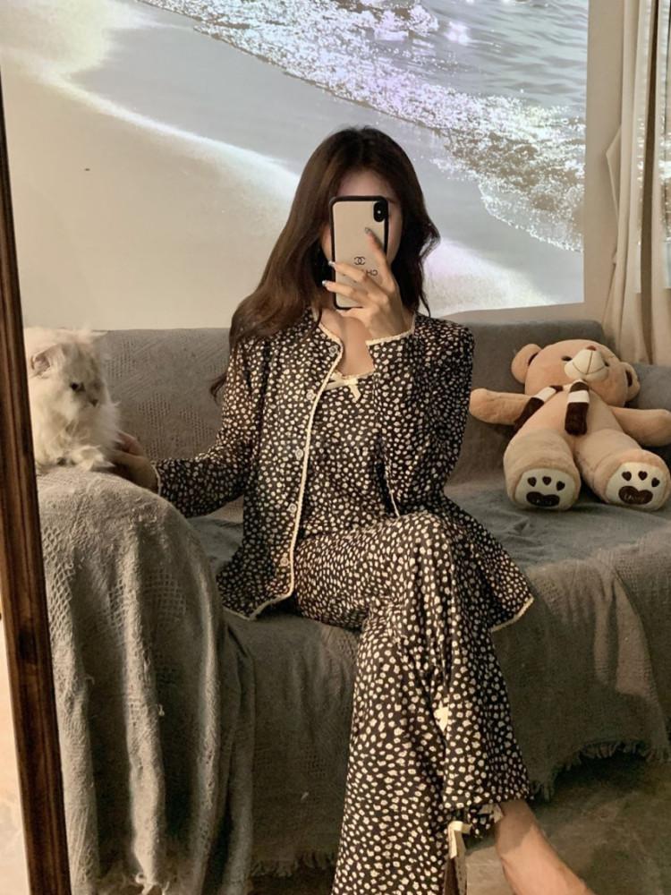 주문폭주 라벨르오브 블랙 플라워 쓰리피스 패드내장 홈웨어 잠옷 파자마 상하의세트