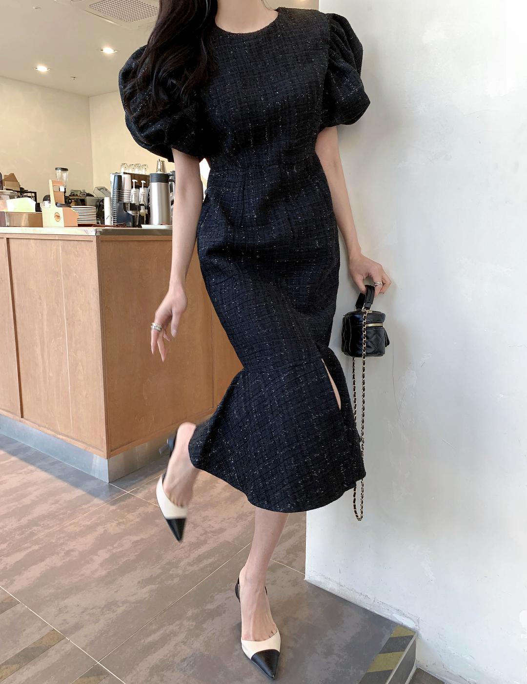 [자체제작무배] 퍼프볼륨 트위드 블랑원피스