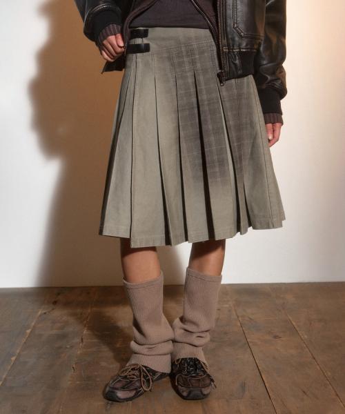 VINTAGE CHECK WRAP PLEATS SKIRT-BEIGE