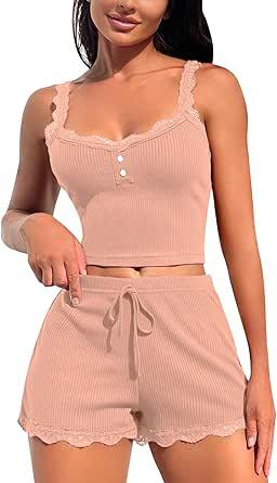 RSLOVE Damska piżama koronkowa piżama zestaw dla kobiet top i szorty seksowna bielizna nocna, Różowy (Deep Pink), S