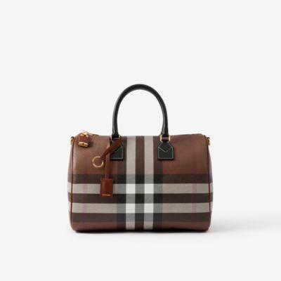 체크 레더 미디엄 볼링백 (다크 버치 브라운) - 여성 | Burberry®