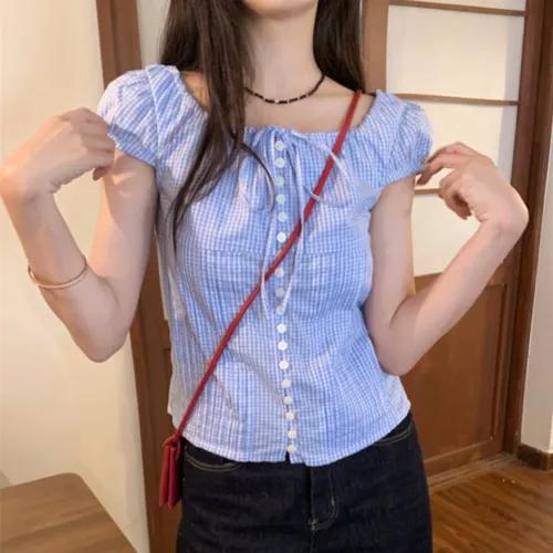 러블리 블루 체크 퍼프 블라우스