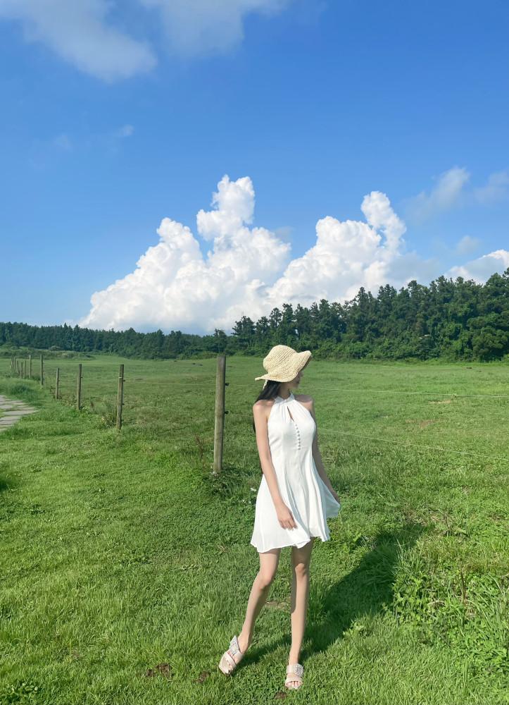 (수입)콩단추 홀터넥 쉬폰 플레어 원피스