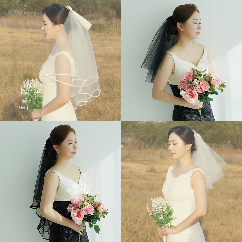 셀프 웨딩 베일 숏 레이스 면사포 블랙 리본
