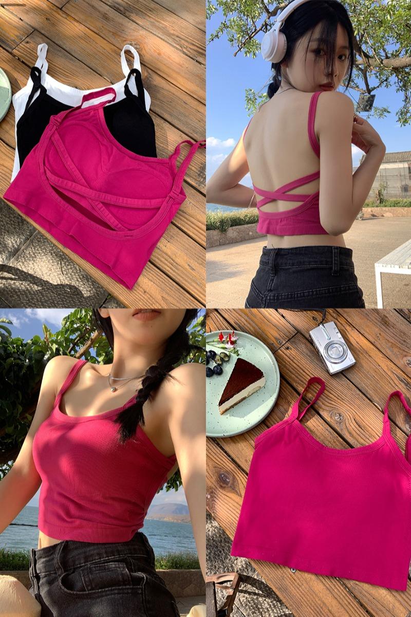 캡 내장 백리스 스트랩 민소매 탑