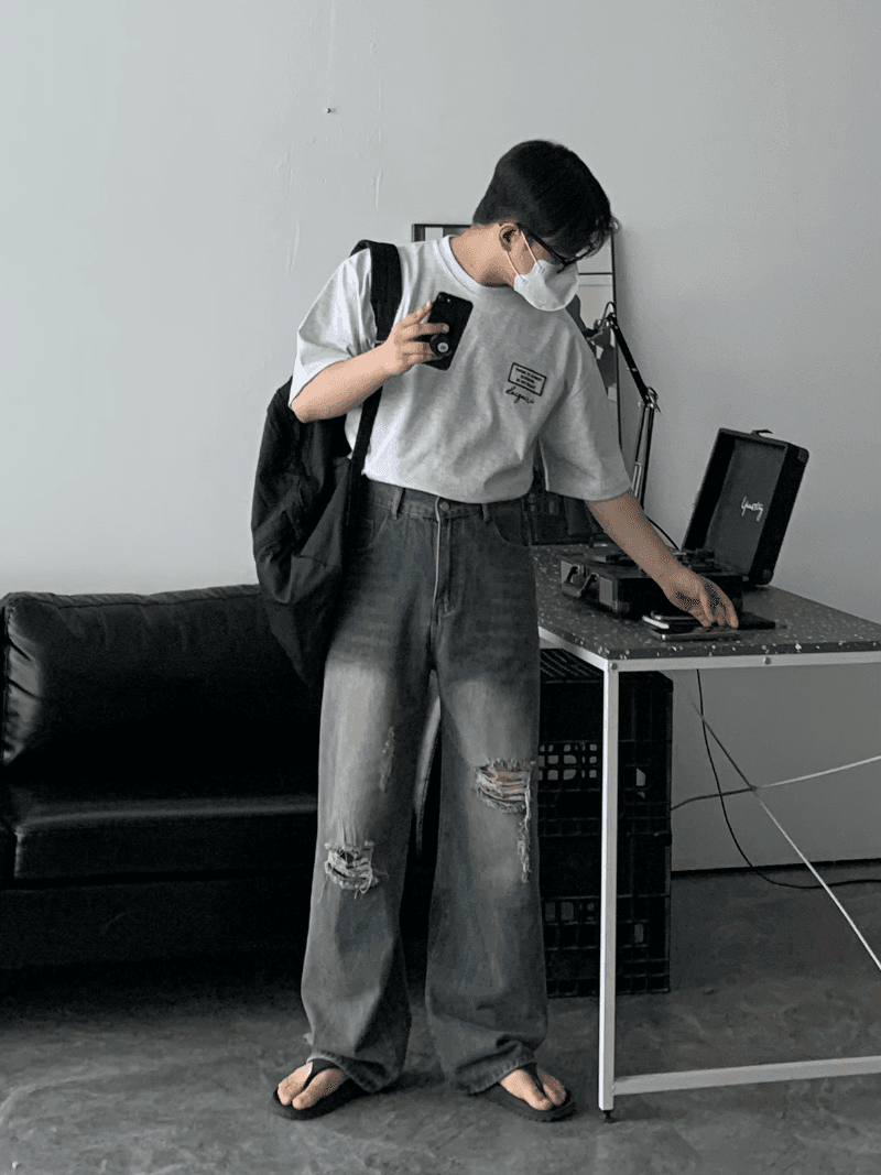 [무조건추천!] 컷팅 데미지 와이드 데님 팬츠 -2color