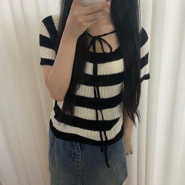 [데일리/빈티지] y2k 단가라 리본 반팔 니트/스프라이트티/단가라반팔/크롭니트/여름니트/스퀘어넥/투웨이