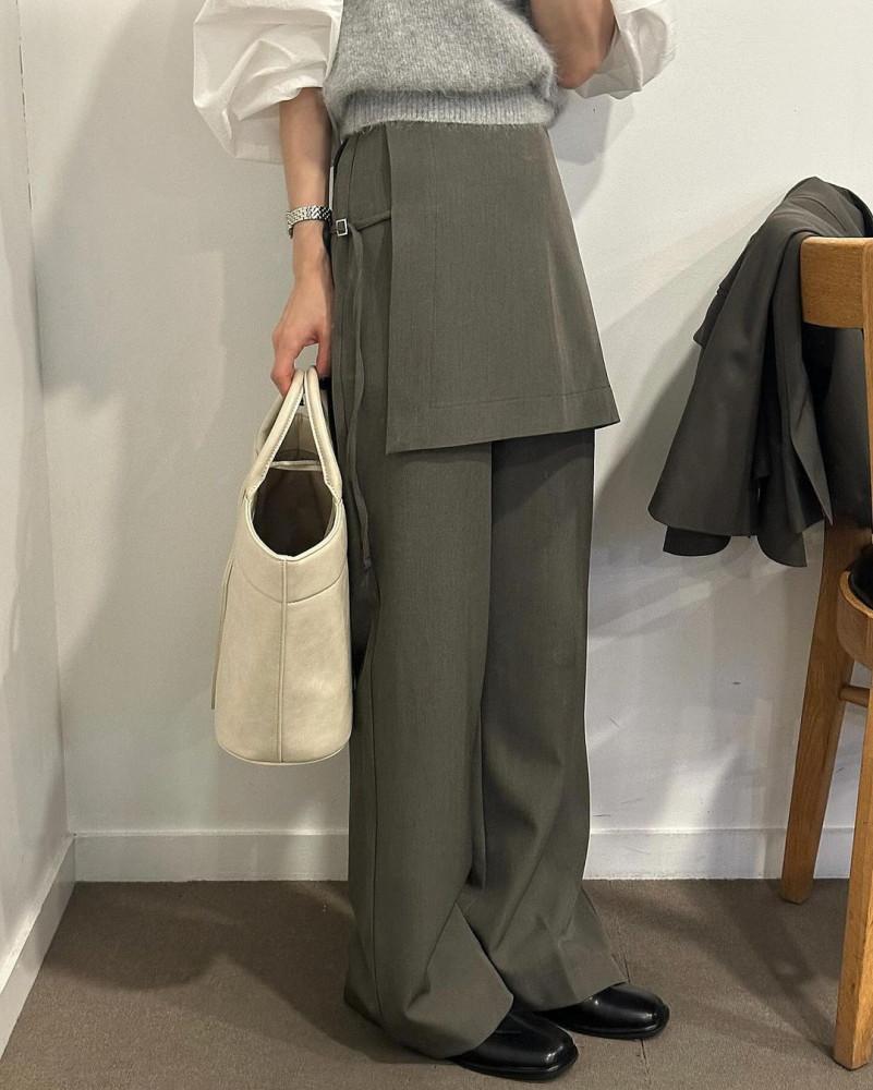 더빌브 여성 가을 하이웨스트 롱 와이드 치마바지 랩 슬랙스 팬츠