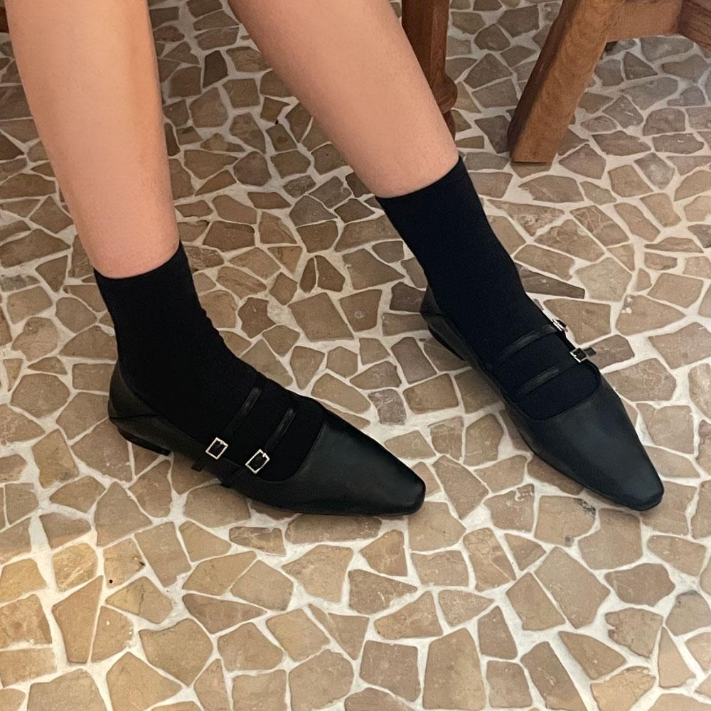 턴힙 애나 메리제인 투버클 스트랩 스틸레토 플랫 슈즈 뮬 블로퍼 단화 (1.5cm)