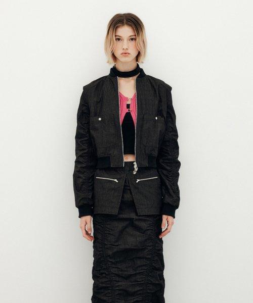 PUCKERING COTTON BOMBER JACKET - BLACK