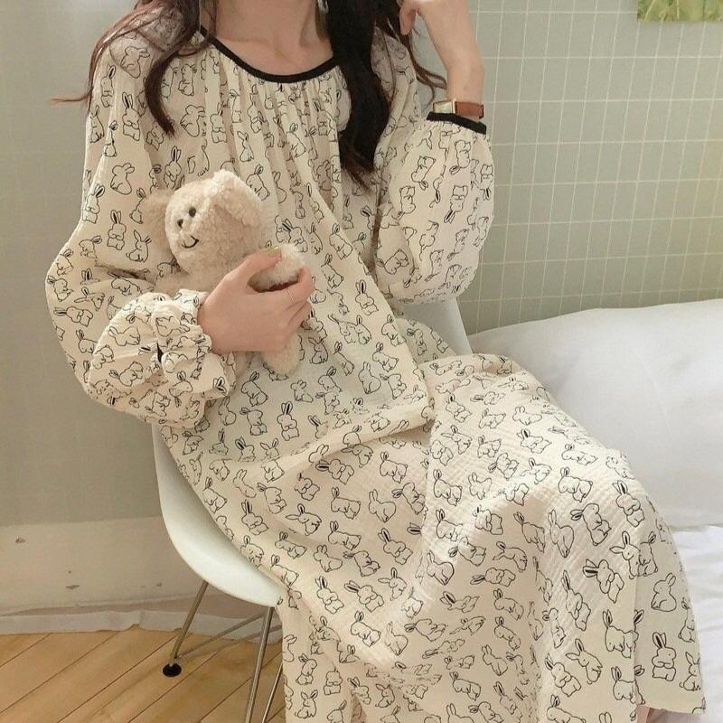[머리끈세트, 순면] 포근 래빗 잠옷 원피스 홈드레스 스크런치 파자마 홈웨어 파자마파티 여행 선물 빅사이즈 임산부 임부복 임신 토끼