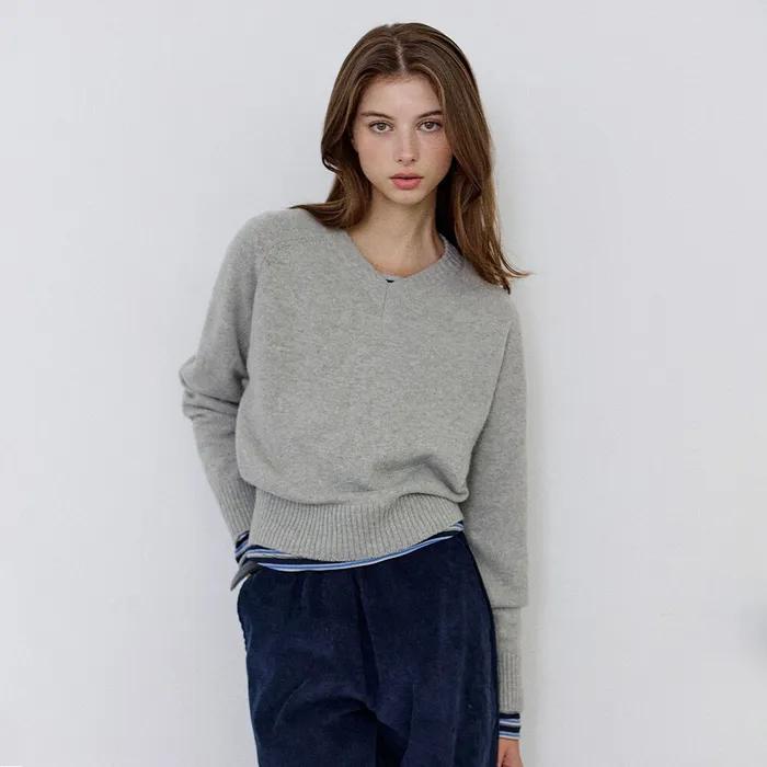 캐시미어 블렌드 브이넥 니트-그레이