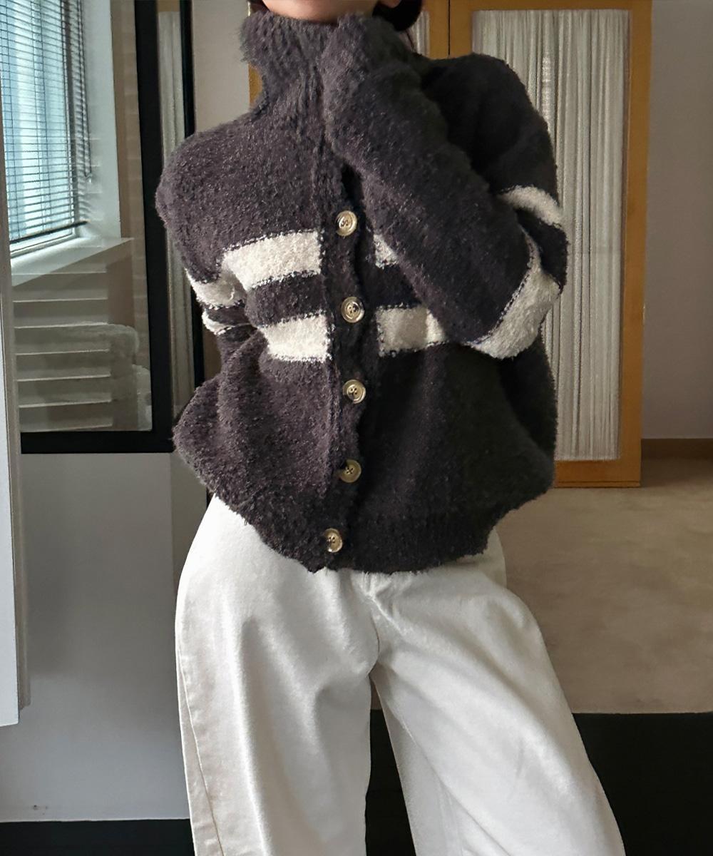 [WOOL] 하이넥 단가라 부클 니트 가디건 / 3color