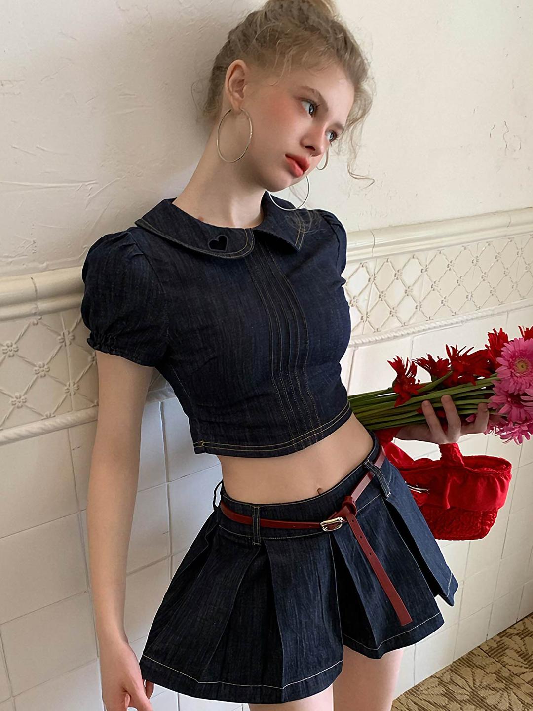 [UENA] Western Adventure Denim Puff Sleeve Crop Top