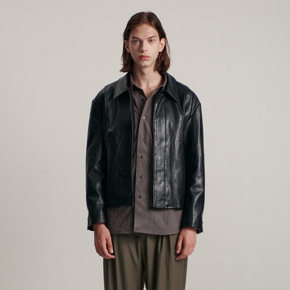 비건 레더 절개 자켓 - 블랙