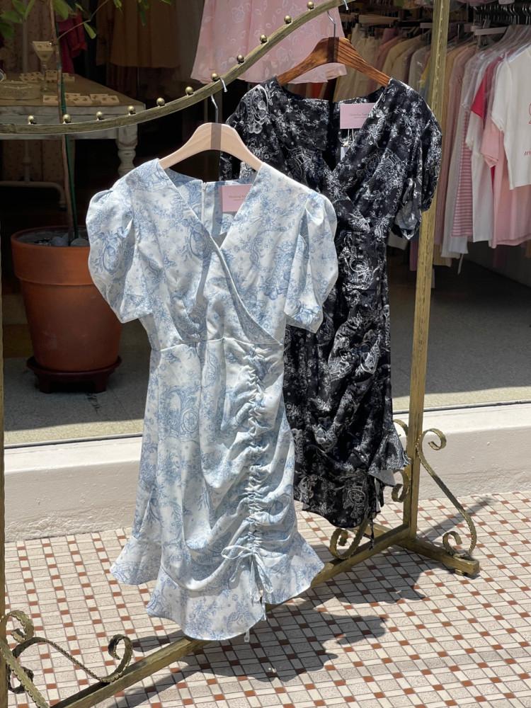 뜨왈 셔링 퍼프소매 미니원피스