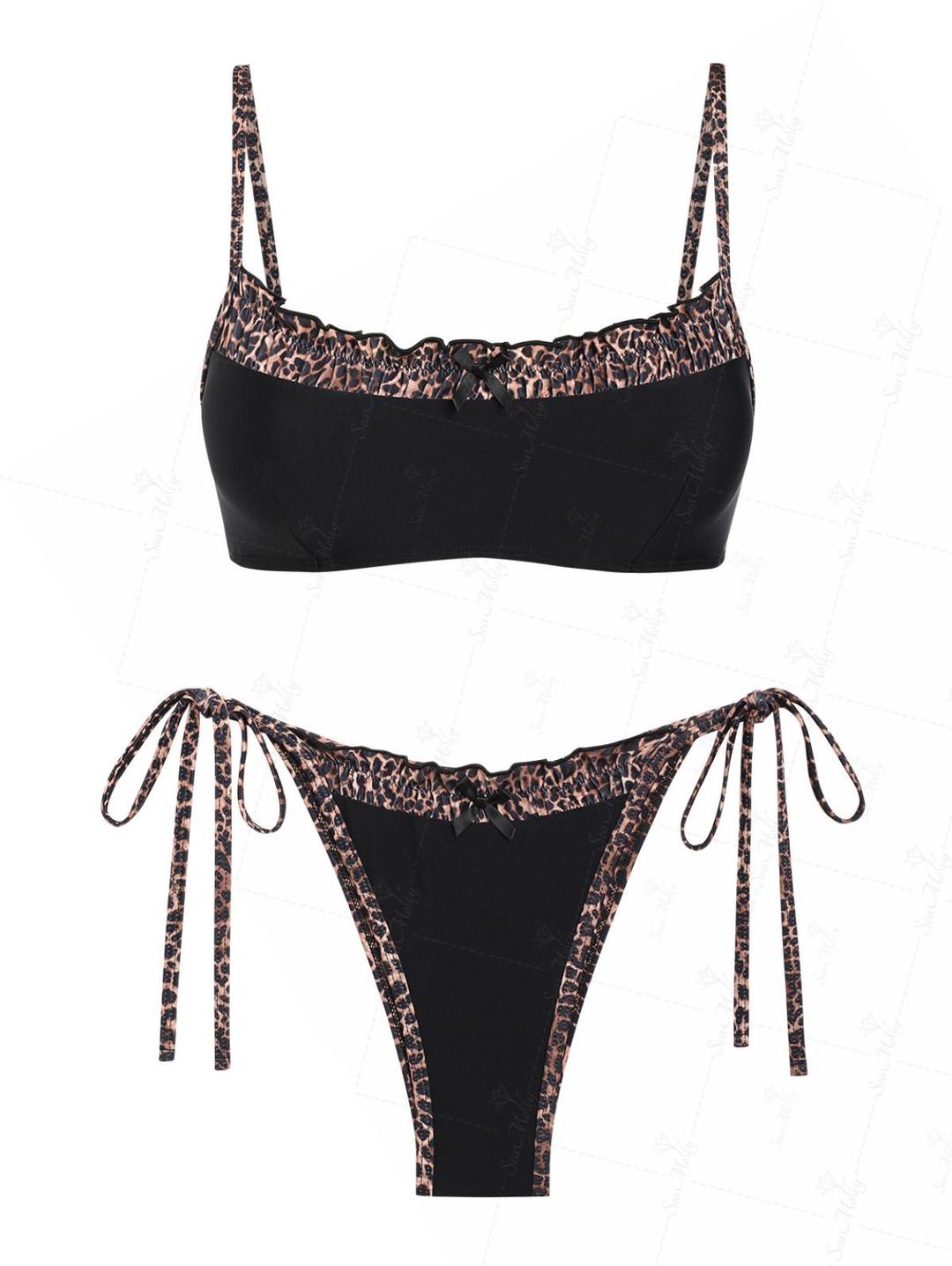 Seamolly Leopard Spliced ​​Ruched Ruffles Trim Bowknot 장식 타이 사이드 비키니 세트
